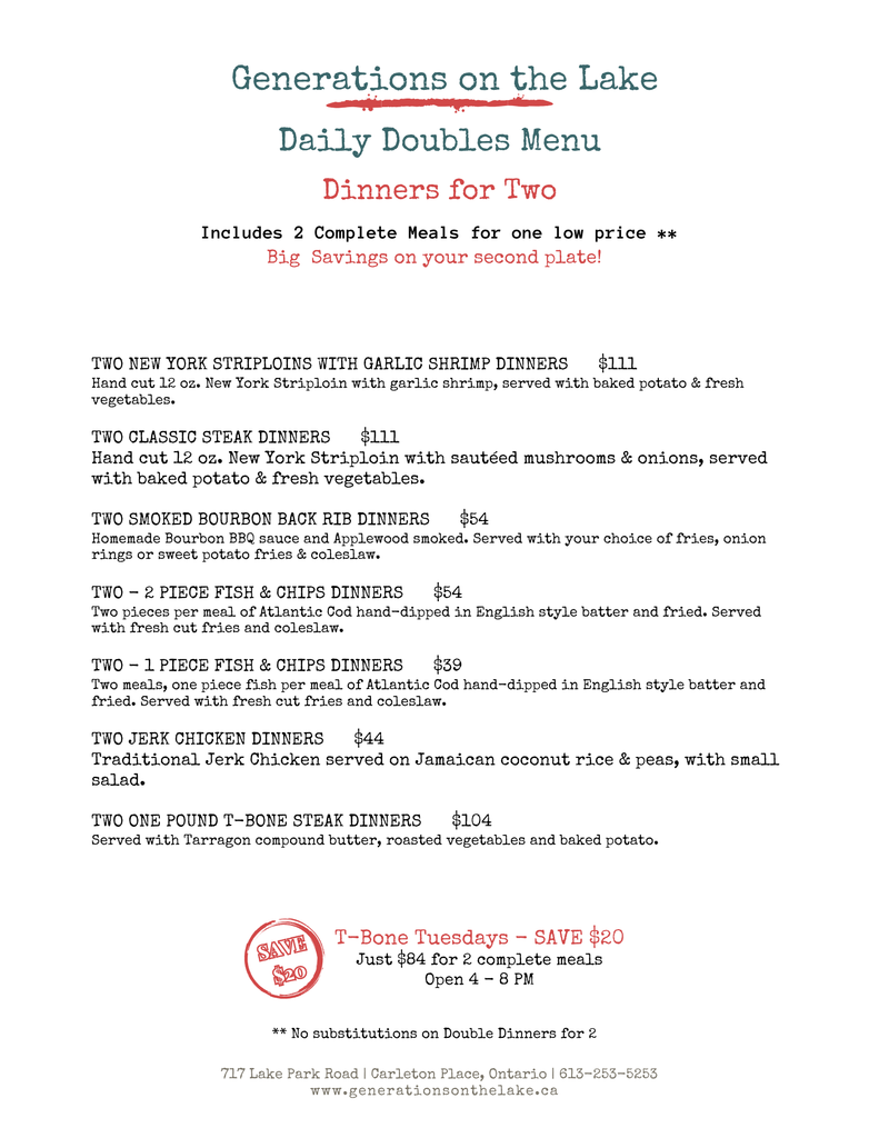 Daily Doubles Dinner Menu