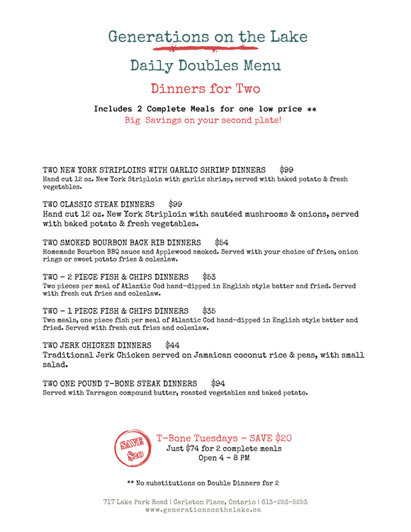 Daily Doubles Dinner Menu